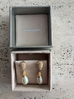 Simulated Pearl and Simulated Diamond Drop Earrings